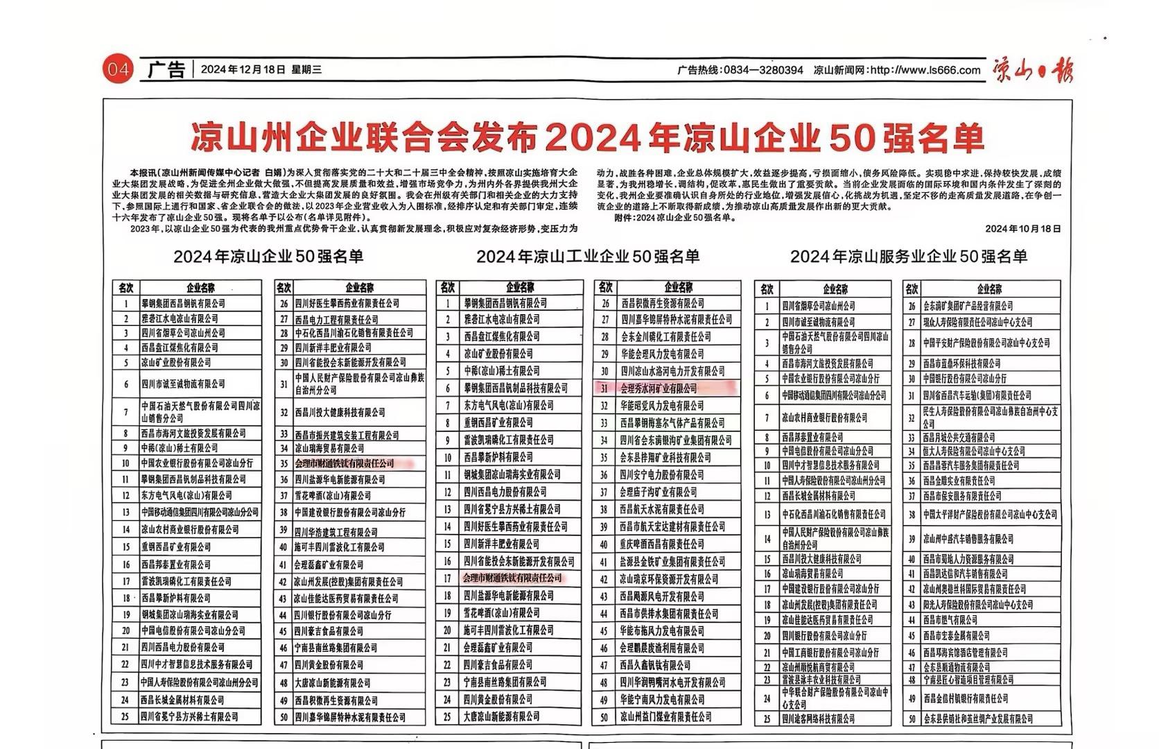 喜報(bào)！聯(lián)鑫礦業(yè)會(huì)理區(qū)域雙星閃耀，共登涼山工業(yè)企業(yè)50強(qiáng)榜單(圖2)