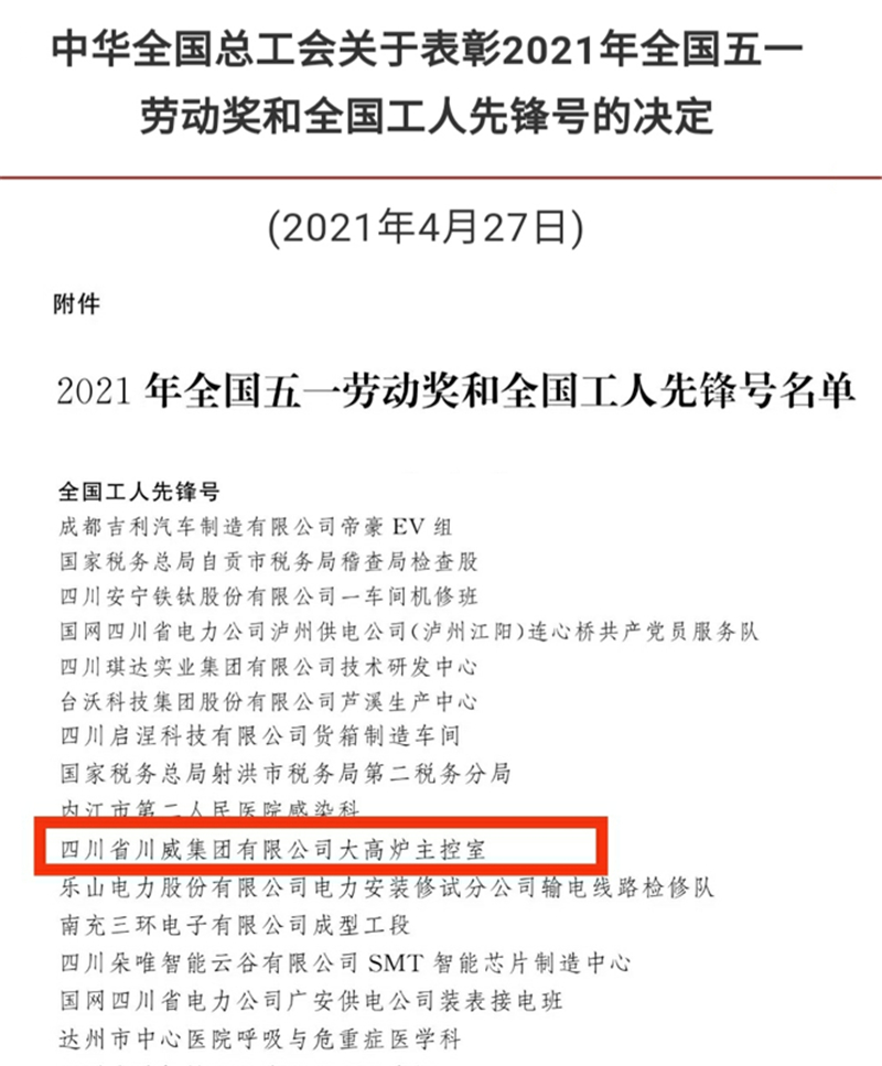 川威釩鈦科技大高爐主控室榮獲全國(guó)工人先鋒號(hào)(圖1)